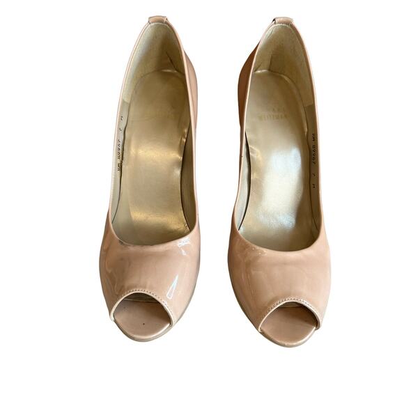 Stuart Weitzman Anna Cork Wedge Sandals Nude Patent Leather - Picture 2 of 8